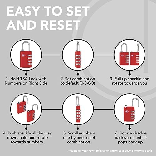 TSA Locks for Luggage, 2-Pc Durable Steel Padlock, Keyless Easy to Read 4-Digit Combination Lock for Backpacks, Travel Suitcases, Toolbox, Filing Cabinets, Baggage & Gym Locker, Red