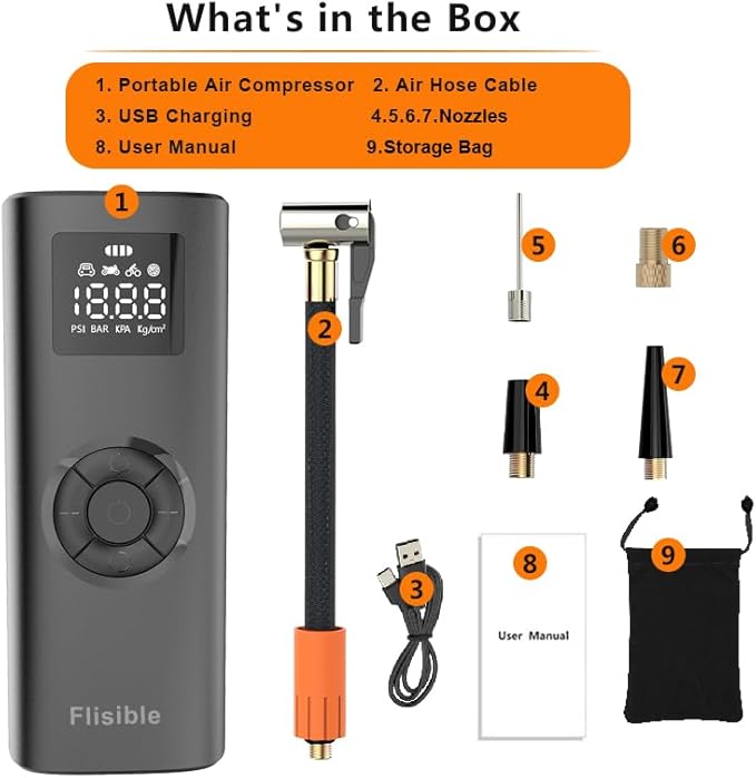 Air Compressor Portable Tire Inflator, 9000mAh Electric Air Pump, 150PSI Bike Pump Cordless Fast Inflate with Pressure Gauge & LED Light & LCD Display for Cars, Bikes, Balls, Motorcycles,Black