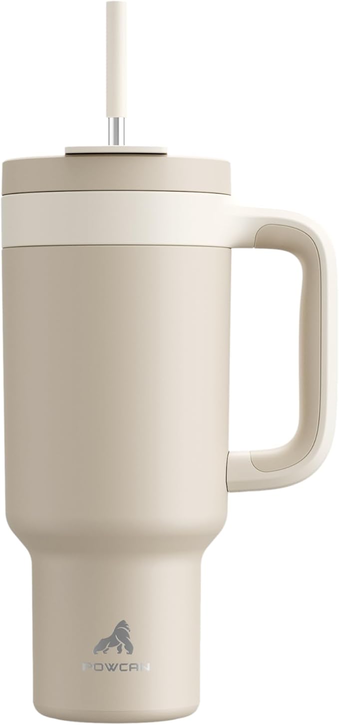POWCAN 40 oz Tumbler with Handle, 2-in-1 Straw and Sip Lid, Leakproof, Dishwasher Safe, Insulated Stainless Steel Travel Coffee Mug, Keeps Cold for 34 Hours, Fits in Car Cup Holder (Oat)
