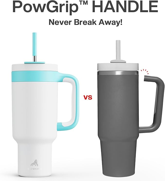 POWCAN 40 oz Tumbler with Handle, 2-in-1 Straw and Sip Lid, Leakproof, Dishwasher Safe, Insulated Stainless Steel Travel Coffee Mug, Keeps Cold for 34 Hours, Fits in Car Cup Holder (Glacier)