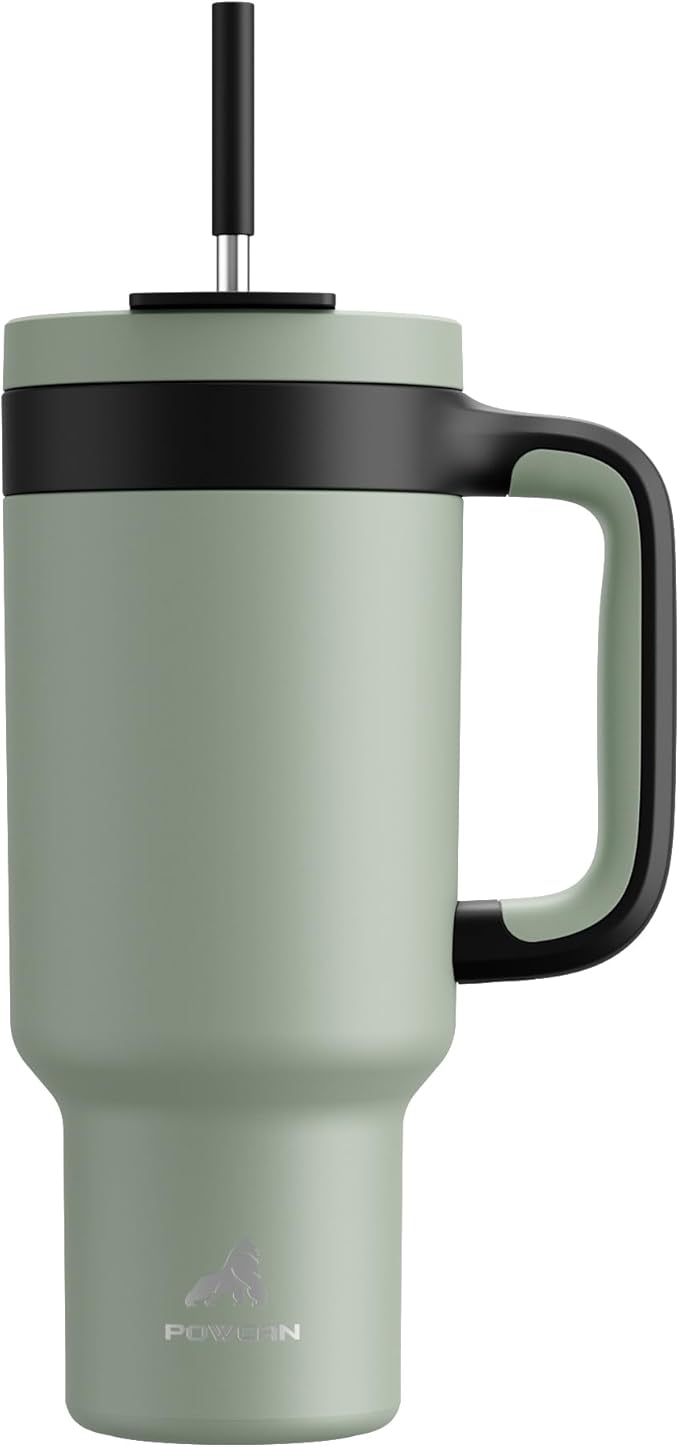 POWCAN 40 oz Tumbler with Handle, 2-in-1 Straw and Sip Lid, Leakproof, Dishwasher Safe, Insulated Stainless Steel Travel Coffee Mug, Keeps Cold for 34 Hours, Fits in Car Cup Holder (Agave)