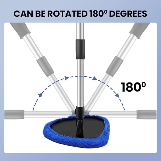 Car Windshield Cleaning Tool Set, Interior Exterior Auto Glass Cleaner Kit with Extendable Handle and 4 Reusable Microfiber Pads for Cars Trucks and Home (Blue)