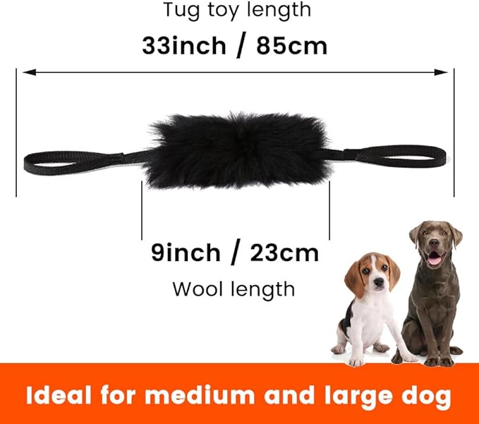 HOWGO Dog Bite Tug Toy with 2 Strong Handles - Made of Natural Sheepskin - Perfect for Tug of War, Fetch & Puppy Training - Ideal for Medium to Large Breeds(Black)
