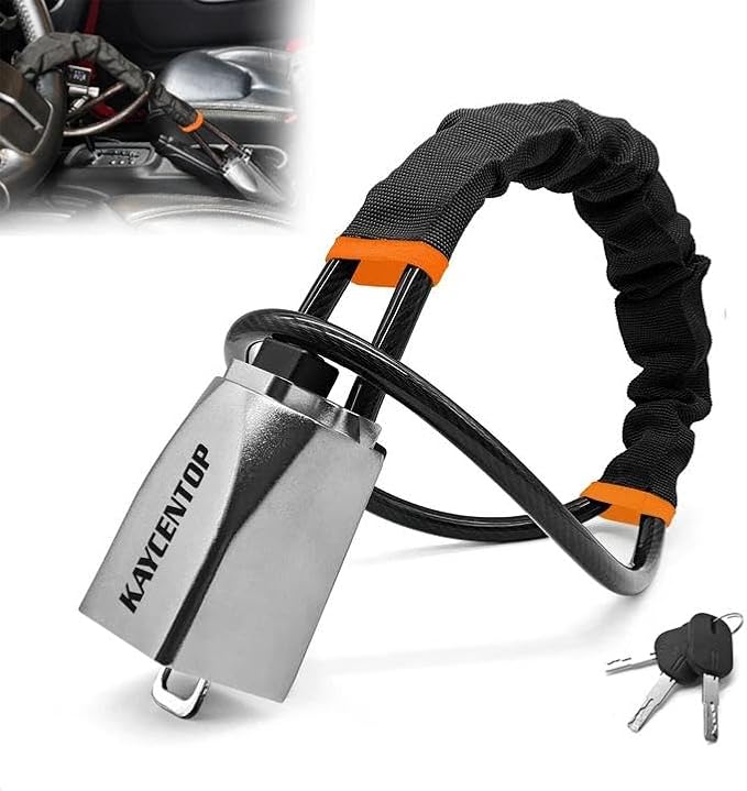 KAYCENTOP Car Steering Wheel Lock, Seat Belt Lock, Car Locks Anti-Theft Device with Aluminum Alloy Lock Housing, Max 17 Inch Length, High Visibility and Light-Weight, Universal Fit, 3Keys(Black)