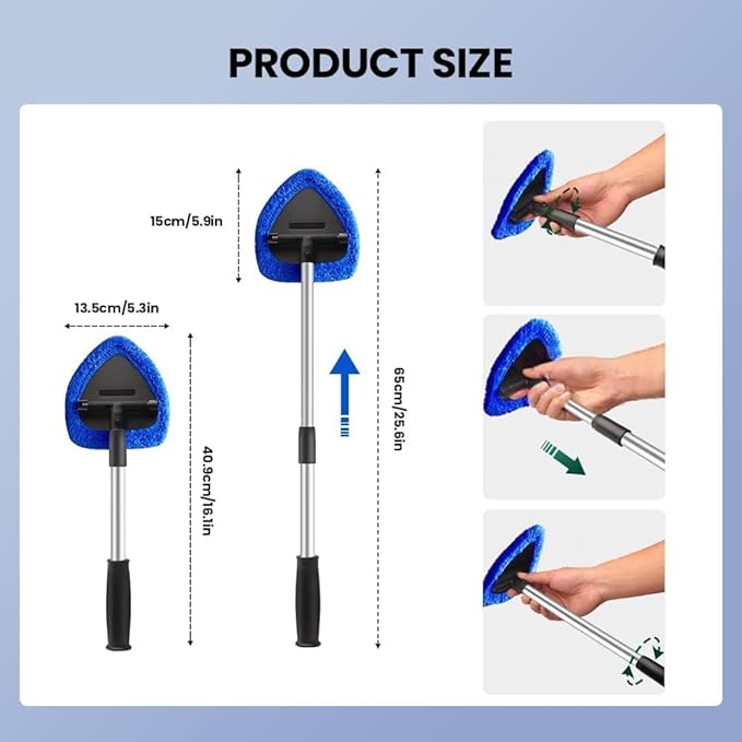 Car Windshield Cleaning Tool Set, Interior Exterior Auto Glass Cleaner Kit with Extendable Handle and 4 Reusable Microfiber Pads for Cars Trucks and Home (Grey)