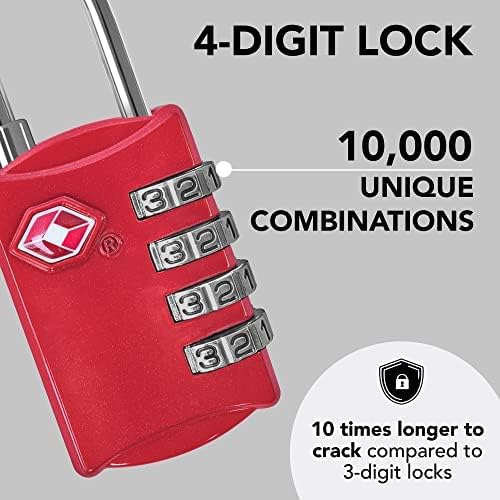TSA Locks for Luggage, 2-Pc Durable Steel Padlock, Keyless Easy to Read 4-Digit Combination Lock for Backpacks, Travel Suitcases, Toolbox, Filing Cabinets, Baggage & Gym Locker, Red