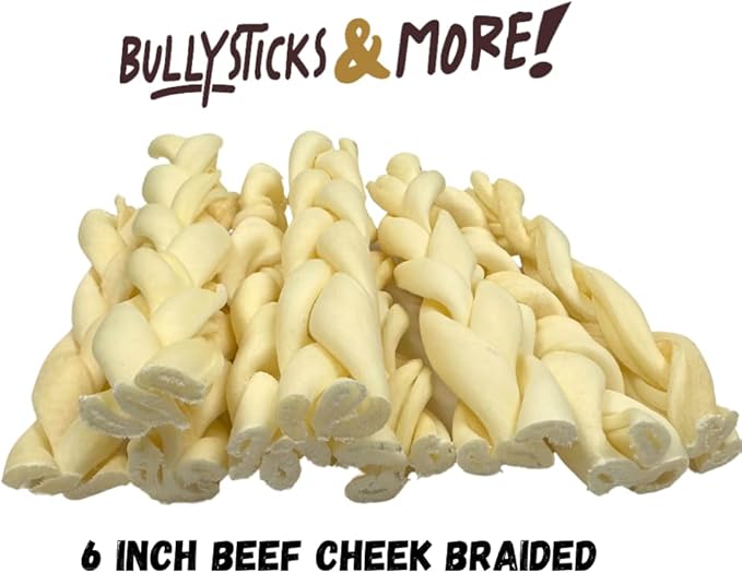 BULLYSTICKS & MORE Beef Cheek Braids for Dogs (6" Thick - 12 Count)- Bones for Dogs - Dog Parents Choice - Premium Beef Cheek Rolls