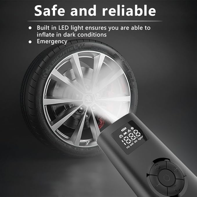 Air Compressor Portable Tire Inflator, 9000mAh Electric Air Pump, 150PSI Bike Pump Cordless Fast Inflate with Pressure Gauge & LED Light & LCD Display for Cars, Bikes, Balls, Motorcycles,Black