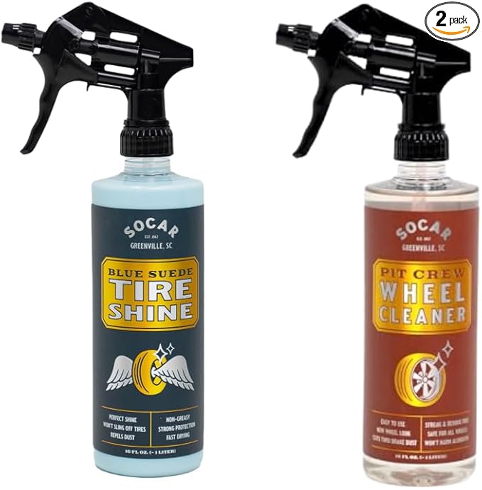 Clean Wheel Combo - Blue Suede Tire Shine and Wheel Cleaner Set, Professional Car Care Kit with Spray Bottles (16 oz)