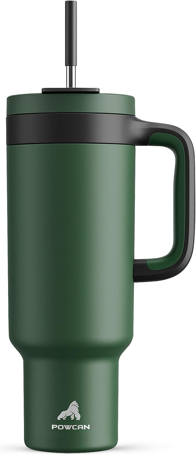 POWCAN 50 oz Tumbler with Handle, 2-in-1 Straw and Sip Lid, Leakproof, Dishwasher Safe, Insulated Stainless Steel Travel Coffee Mug, Keeps Cold for 34 Hours, Fits in Car Cup Holder (Forest)