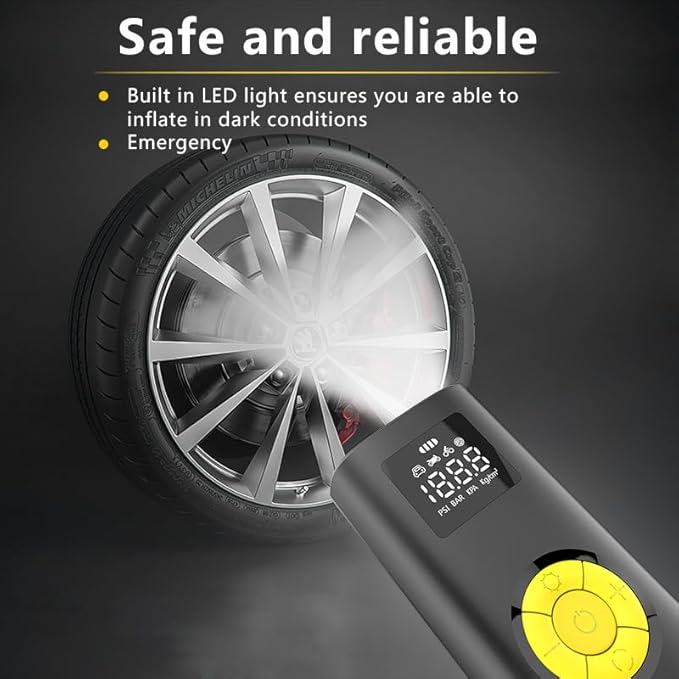 Air Compressor Portable Tire Inflator, 9000mAh Electric Air Pump, 150PSI Bike Pump Cordless Fast Inflate with Pressure Gauge & LED Light & LCD Display for Cars, Bikes, Balls, Motorcycles,Yellow