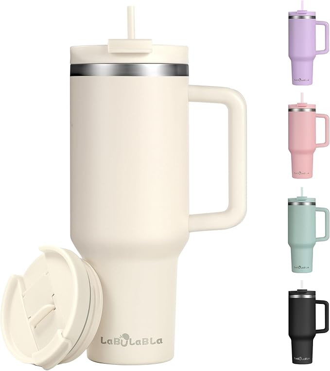 40oz Tumbler with Handle,Double Wall Vacuum Reusable Stainless Steel Insulated Water Bottle,With Leak Proof lid and Straw for Iced or Cold Beverages (Beige)
