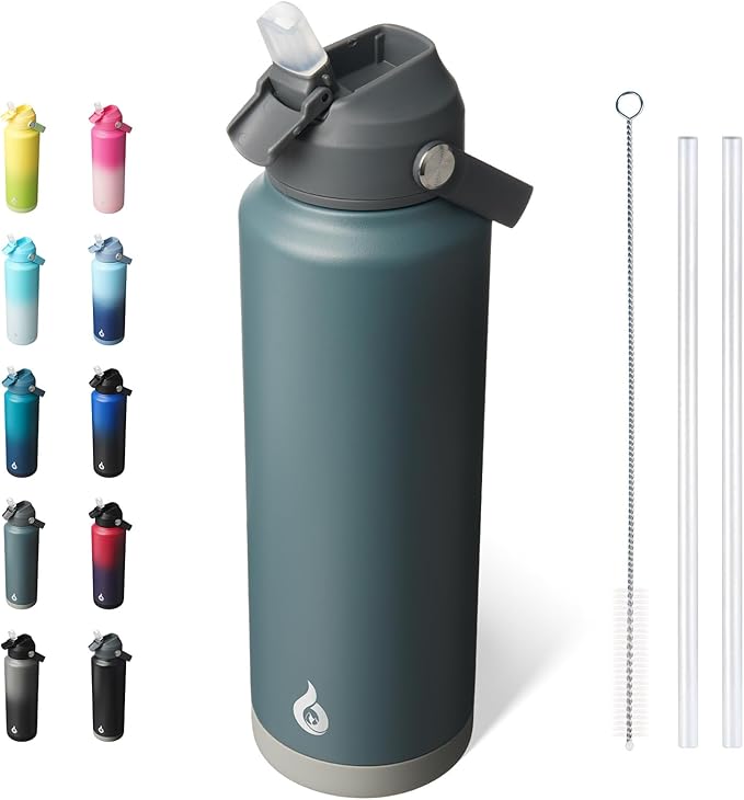 BJPKPK Insulated Water Bottle with Straw Lid, 40oz Large Thermo, BPA Free Leak Proof Stainless Steel Metal Water Bottles, Tumblers, Cups, Flasks for Travel, Sports, Grey