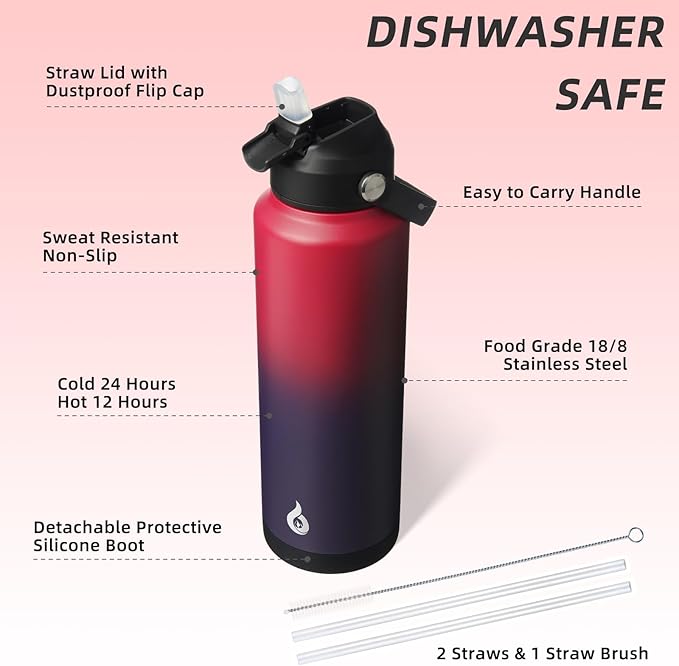 BJPKPK Insulated Water Bottle with Straw Lid, 40oz Large Thermo, BPA Free Leak Proof Stainless Steel Metal Water Bottles, Tumblers, Cups, Flasks for Travel, Sports,Charming Red