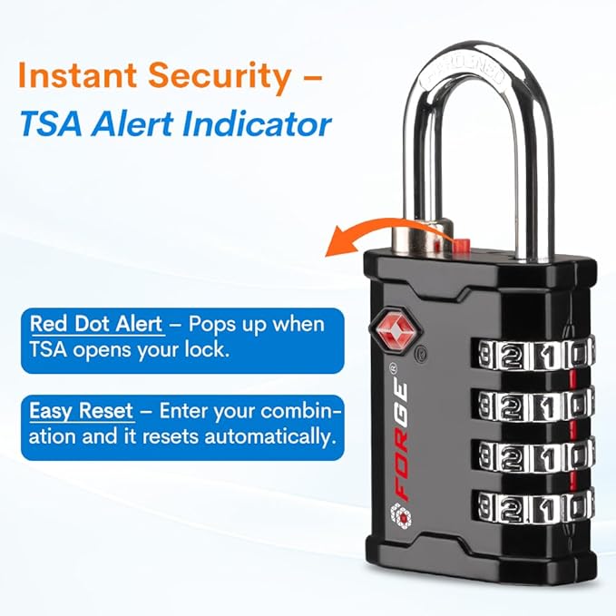 FORGE 4-Digit TSA Approved Travel Locks – TSA008 Key System, Key Duplication Impossible, Heavy-Duty Combination Padlock for Travel, Gym, Pelican Case. Black 3 Locks.