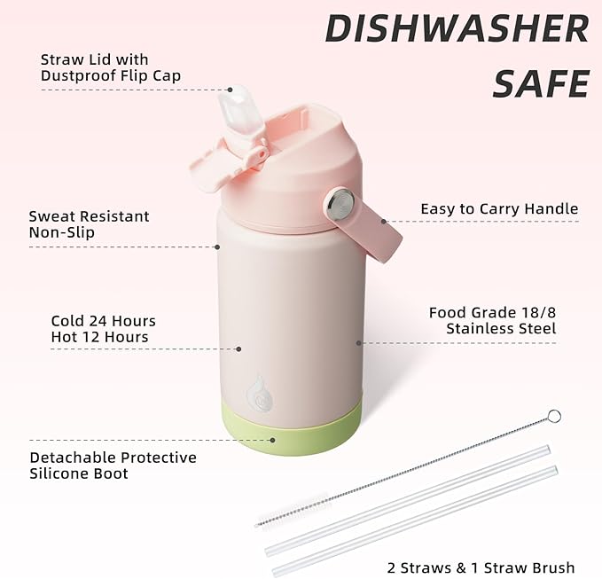 BJPKPK Insulated Water Bottle with Straw Lid, 12oz Thermo Water Bottles, Flex Handle & Non-slip Boot, BPA Free Leak Proof Stainless Steel Metal Thermo, Tumblers, Cups,Pearl Pink