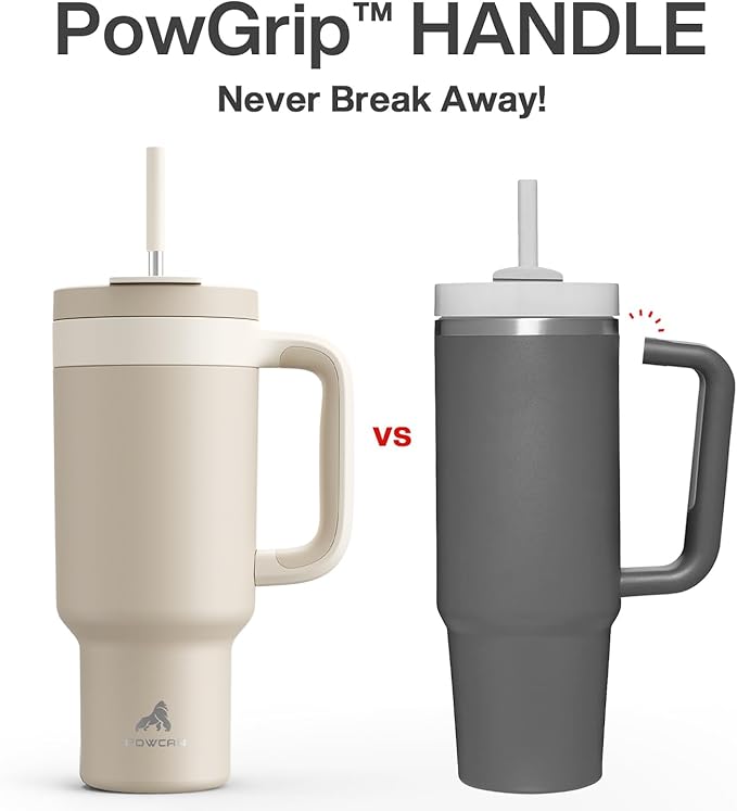 POWCAN 40 oz Tumbler with Handle, 2-in-1 Straw and Sip Lid, Leakproof, Dishwasher Safe, Insulated Stainless Steel Travel Coffee Mug, Keeps Cold for 34 Hours, Fits in Car Cup Holder (Oat)