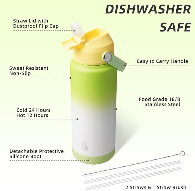 BJPKPK Water Bottle with Straw Lid, 24oz Vacuum Insulated Water Bottles, Metal Stainless Steel Thermo for Sports, Travel, BPA Free Leak Proof Thermo, Cups, Flasks, Tumblers,Green