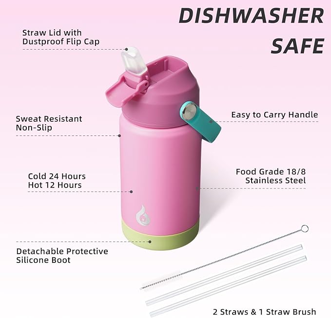 BJPKPK Insulated Water Bottle with Straw Lid, 12oz Thermo Water Bottles, Flex Handle & Non-slip Boot, BPA Free Leak Proof Stainless Steel Metal Thermo, Tumblers, Cups,Rose Pink