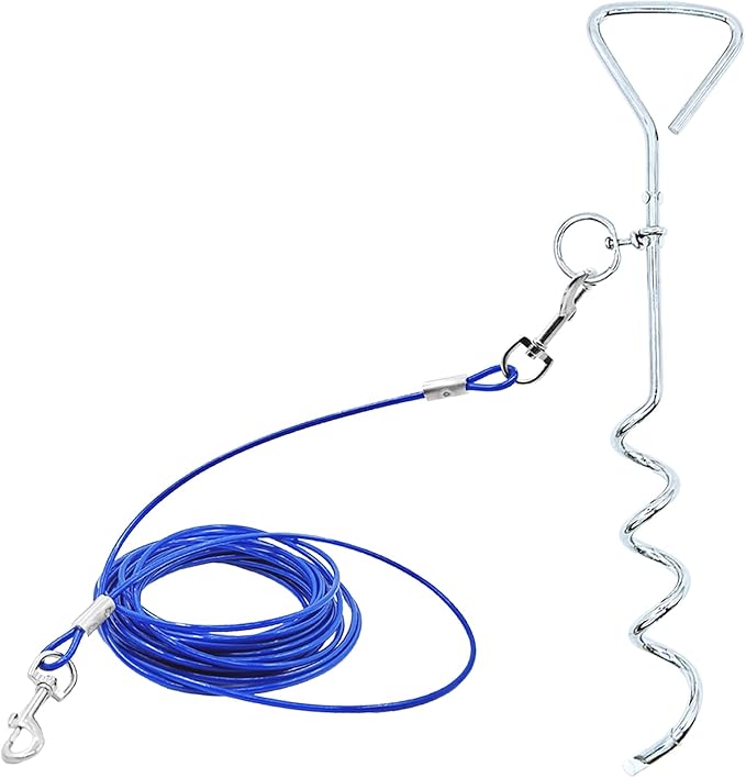 Dog Tie-Out Stake and Cable 30ft Heavy Duty Spiral Ground Stake Tethering Anchor Dog Leash Chain Rope Metal 360 Swivel Hook for Small Medium Large Dogs Outdoor (Simple Stake)