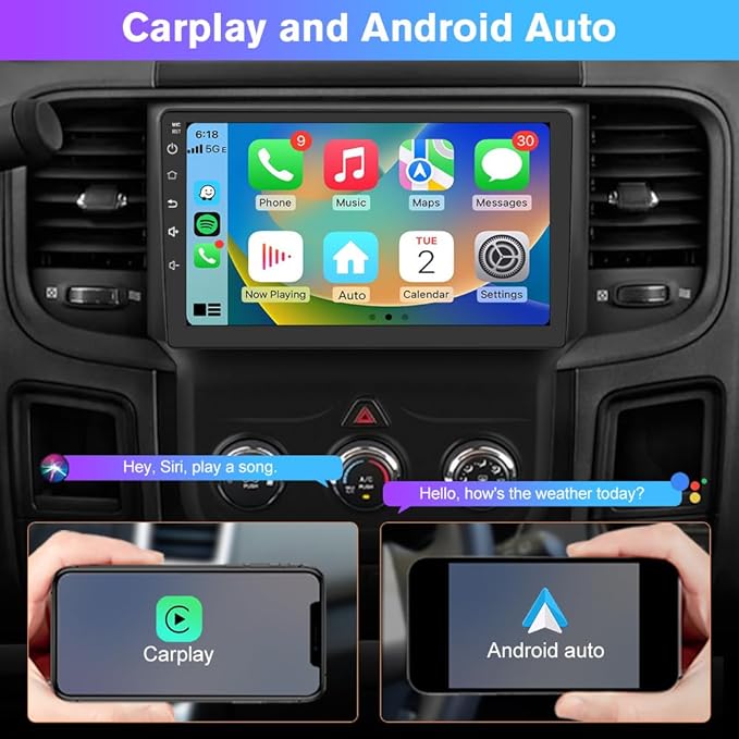 Car Stereo for Dodge RAM 1500 2500 3500 2013 2014 2015 2016 2017 2018(Only fit Manual AC) with Wireless CarPlay and Android Auto,9'' Android Touch Screen Radio Replacement,2G Ram 64G ROM
