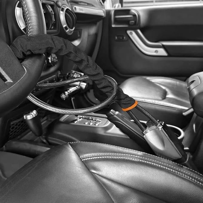 KAYCENTOP Car Steering Wheel Lock, Seat Belt Lock, Car Locks Anti-Theft Device with Aluminum Alloy Lock Housing, Max 17 Inch Length, High Visibility and Light-Weight, Universal Fit, 3Keys(Black)