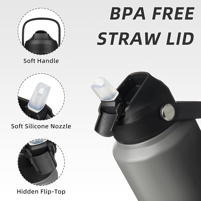 BJPKPK Insulated Water Bottle with Straw Lid, 40oz Large Thermo, BPA Free Leak Proof Stainless Steel Metal Water Bottles, Tumblers, Cups, Flasks for Travel, Sports,Black Grey
