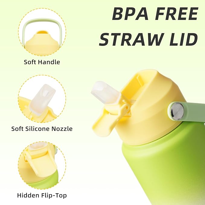 BJPKPK Water Bottle with Straw Lid, 24oz Vacuum Insulated Water Bottles, Metal Stainless Steel Thermo for Sports, Travel, BPA Free Leak Proof Thermo, Cups, Flasks, Tumblers,Green