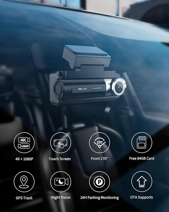 Dash Cam Front Rear, IMX415 Sensor 4K 30fps/2K 60fps+1080p, Touch Screen Dash Camera for Car, Voice Control, Built-in GPS WiFi, HDR Night Vision, 64GB Card, 160° Wide Angle, 24H Parking Monitoring