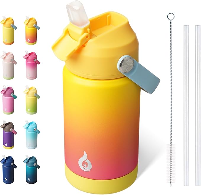 BJPKPK Insulated Water Bottle with Straw Lid, 12oz Thermo Water Bottles with Soft Nozzle, Flex Handle & Non-slip Boot, BPA Free Leak Proof Stainless Steel Metal Thermo, Tumblers, Cups,Rainbow