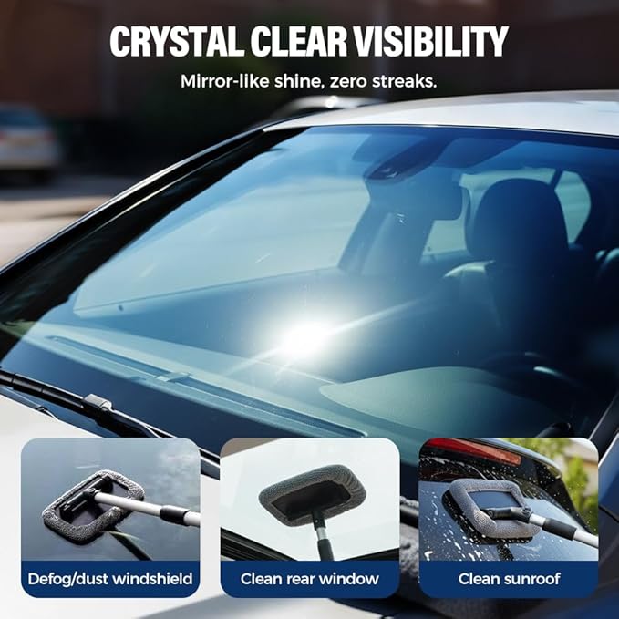 Car Window Cleaner with Extendable Handle and 4 Microfiber Pads, Upgrade Large Head Car Window Cleaning Kit, Dry&Wet Use for Auto Glass, Trucks, SUVs, RVs, Home (Gray)