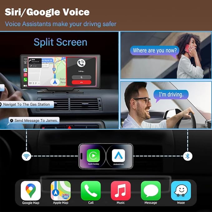 Wireless Carplay Screen for Car 10.26" 4K 360 Rotation Dash Cam Carplay&Android Auto Car Stereo 1080p Backup Camera GPS Navigation/Mirror Link/Voice Control/Siri/FM Satellite Radio Receiver