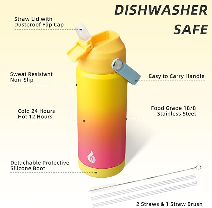 BJPKPK Insulated Water Bottle with Straw Lid, 18oz Thermo Water Bottles with Soft Nozzle, Flex Handle & Non-slip Boot, BPA Free Leak Proof Stainless Steel Metal Thermo, Tumblers, Cups,Rainbow