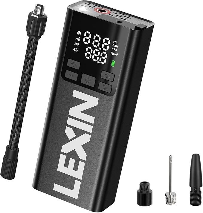 LEXIN P5 Tire Inflator Portable Air Compressor, 150PSI Electric Air Pump for Car Tires, w/Pressure Gauge&LED Light, 5000mAh Cordless Smart Pump for Car/Motorcycle/Bike/Bicycle/Scooter/Ball, Alloy