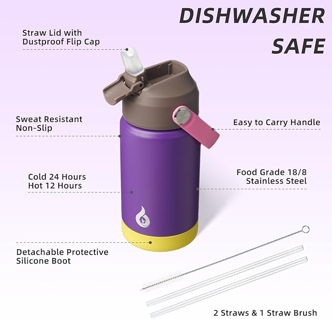 BJPKPK Insulated Water Bottle with Straw Lid, 12oz Thermo Water Bottles with Soft Nozzle, Flex Handle & Non-slip Boot, BPA Free Leak Proof Stainless Steel Metal Thermo, Tumblers, Cups,Violet