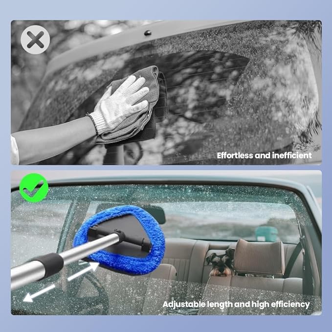 Car Windshield Cleaning Tool Set, Interior Exterior Auto Glass Cleaner Kit with Extendable Handle and 4 Reusable Microfiber Pads for Cars Trucks and Home (Blue)