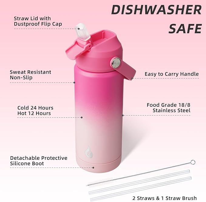 BJPKPK Insulated Water Bottle with Straw Lid, 18oz Thermo Water Bottles with Soft Nozzle, Flex Handle & Non-slip Boot, BPA Free Leak Proof Stainless Steel Metal Thermo, Tumblers, Cups,Cherry