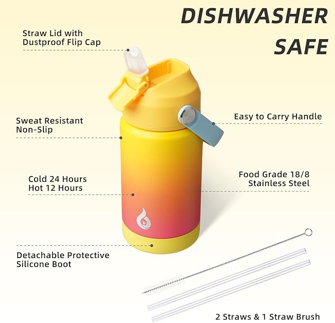 BJPKPK Insulated Water Bottle with Straw Lid, 12oz Thermo Water Bottles with Soft Nozzle, Flex Handle & Non-slip Boot, BPA Free Leak Proof Stainless Steel Metal Thermo, Tumblers, Cups,Rainbow