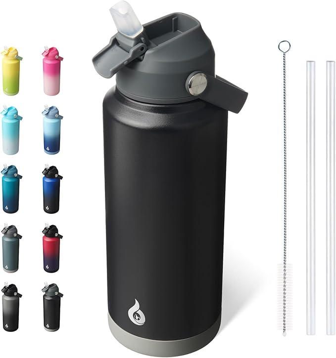 BJPKPK Water Bottle with Straw Lid, 32oz Vacuum Insulated Water Bottles, Metal Stainless Steel Thermo for Sports, Travel, BPA Free Leak Proof Thermo, Cups, Flasks, Tumblers,Black