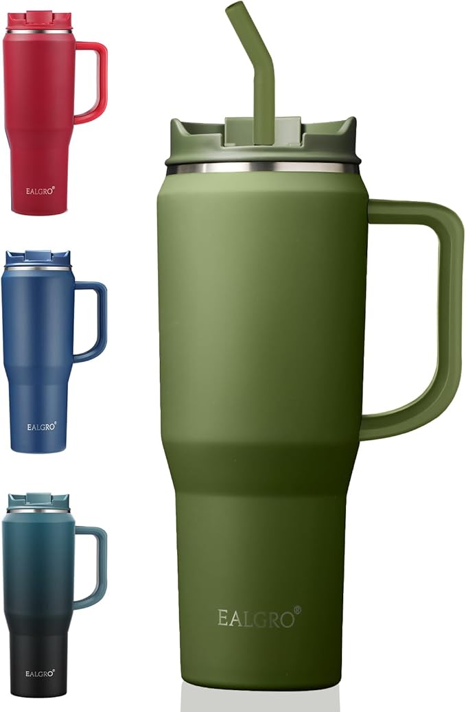 40 oz Tumbler with Handle, Insulated Tumblers with Lid and Straw, Large Metal Sports Water Bottle Jug, Thermal Stainless Steel Travel Coffee Mug Cup, Army Green