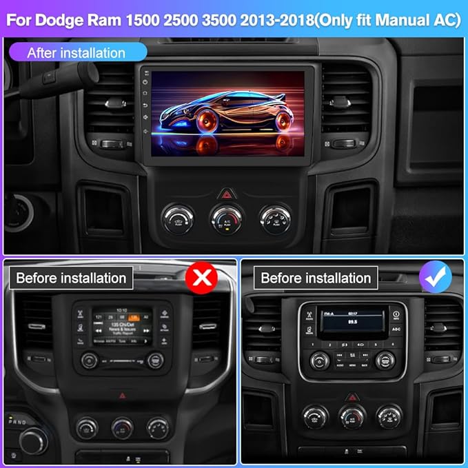 Car Stereo for Dodge RAM 1500 2500 3500 2013 2014 2015 2016 2017 2018(Only fit Manual AC) with Wireless CarPlay and Android Auto,9'' Android Touch Screen Radio Replacement,2G Ram 64G ROM