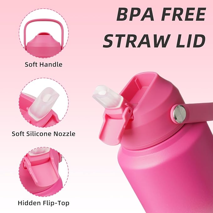 BJPKPK Insulated Water Bottle with Straw Lid, 40oz Large Thermo, BPA Free Leak Proof Stainless Steel Metal Water Bottles, Tumblers, Cups, Flasks for Travel, Sports,Cherry