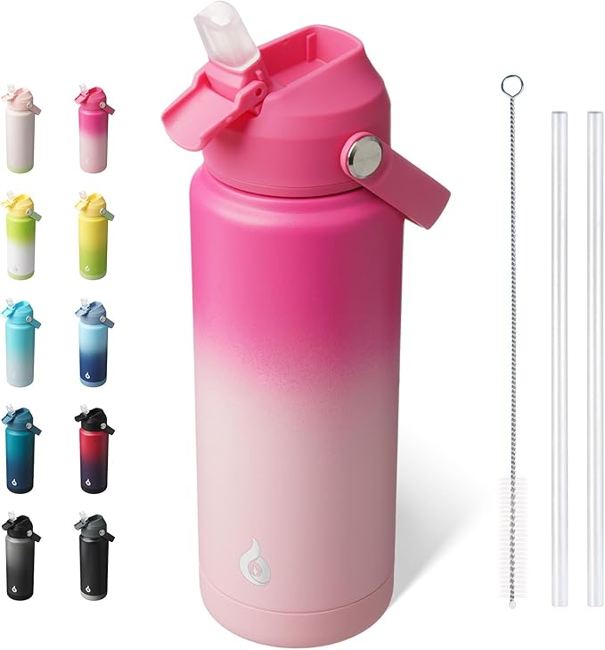 BJPKPK Water Bottle with Straw Lid, 24oz Vacuum Insulated Water Bottles, Metal Stainless Steel Thermo for Sports, Travel, BPA Free Leak Proof Thermo, Cups, Flasks, Tumblers,Cherry