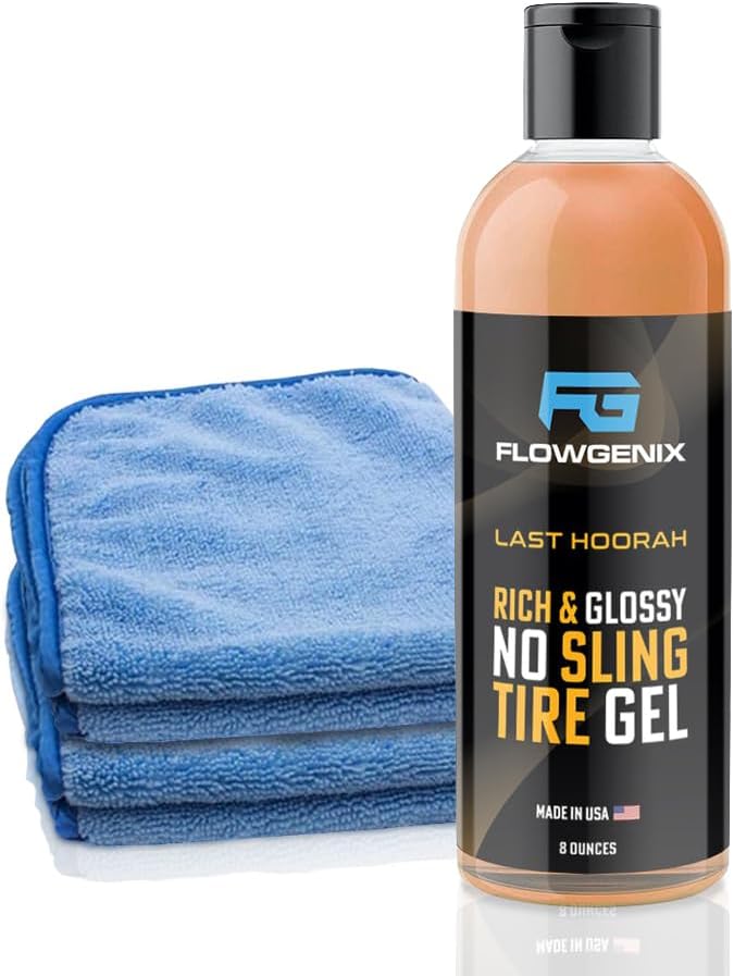 Tire Shine Gel Coating and Dressing (8oz) - High Gloss Wheel Tire Shine for Cars - No-Sling Anti-Stick Protection, Works on Rubber, Plastic, Vinyl - Incl 2 Microfiber Towels