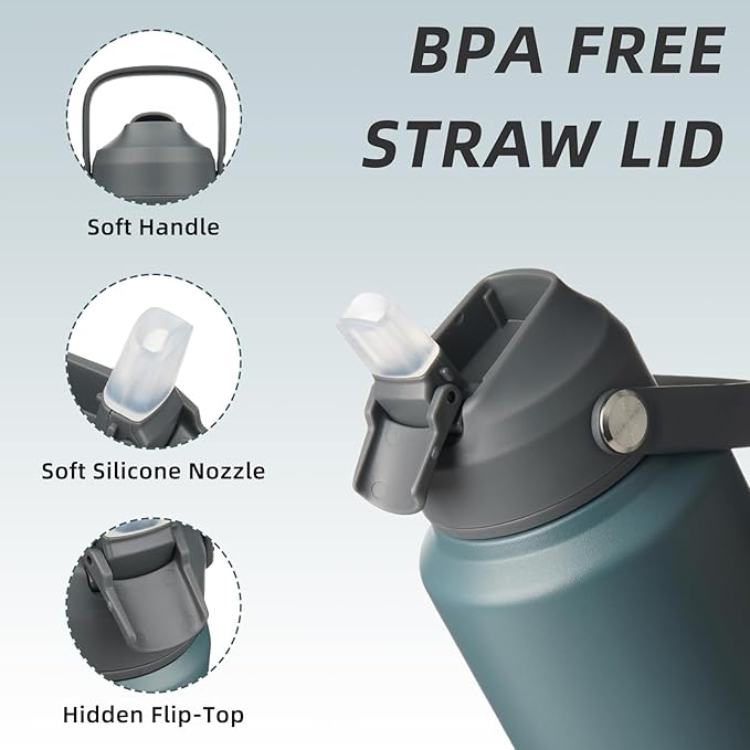 BJPKPK Insulated Water Bottle with Straw Lid, 40oz Large Thermo, BPA Free Leak Proof Stainless Steel Metal Water Bottles, Tumblers, Cups, Flasks for Travel, Sports, Grey