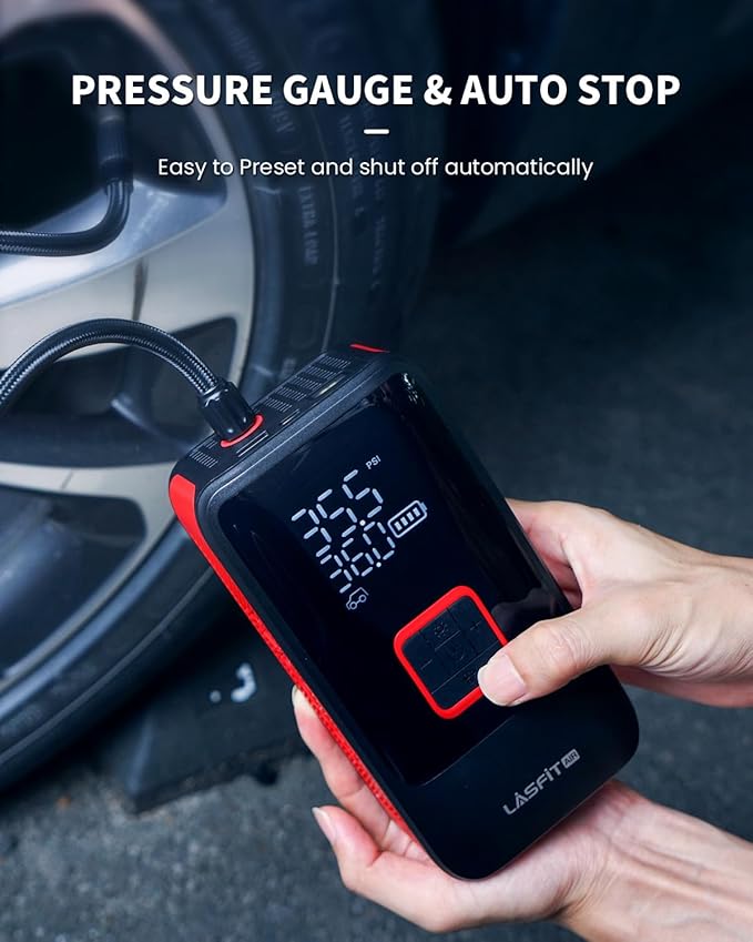 LASFIT TK1 Tire Inflator Portable Air Compressor [Fit Pickup Truck & Large SUVs] 150PSI Tire Inflator 12000mAH Battery Operated Air Pump for Car Tires with Digital Pressure Gauge, Smart Auto Stop