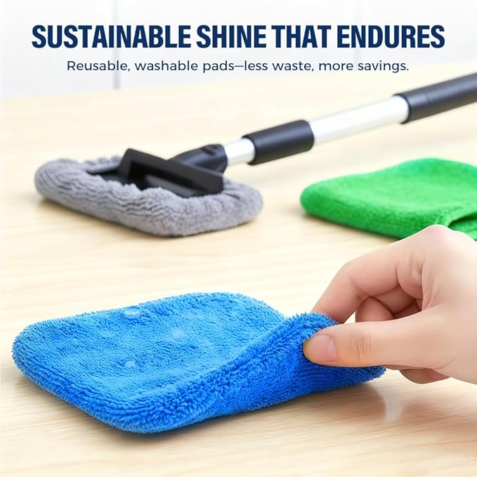 Car Window Cleaner with Extendable Handle and 4 Microfiber Pads, Upgrade Large Head Car Window Cleaning Kit, Dry&Wet Use for Auto Glass, Trucks, SUVs, RVs, Home (Gray)