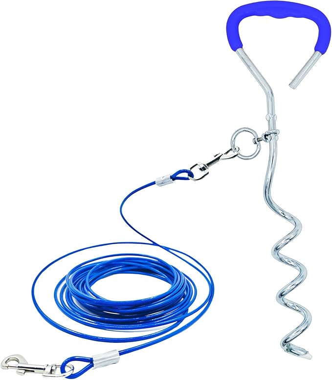 Dog Tie-Out Stake and Cable 30ft Heavy Duty Spiral Ground Stake Tethering Anchor Dog Leash Chain Rope Metal 360 Swivel Hook for Small Medium Large Dogs Outdoor (Plastic Wrapped Stake)