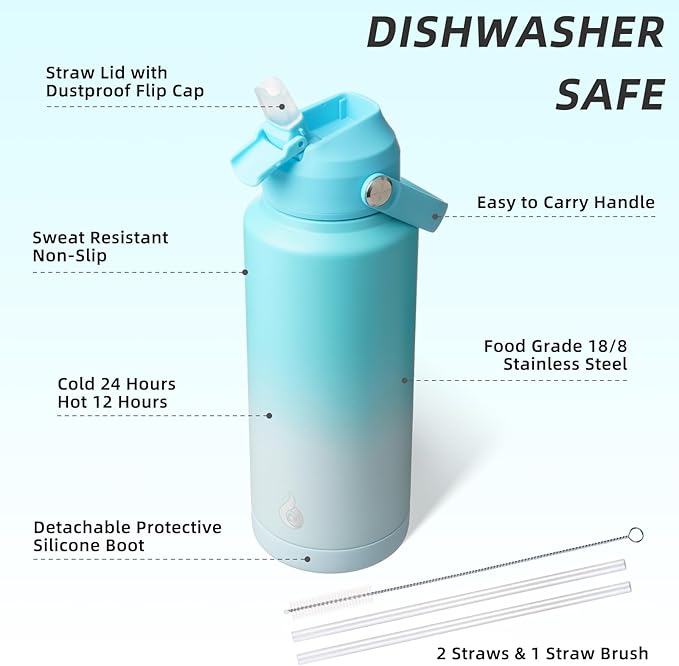 BJPKPK Water Bottle with Straw Lid, 32oz Vacuum Insulated Water Bottles, Metal Stainless Steel Thermo for Sports, Travel, BPA Free Leak Proof Thermo, Cups, Flasks, Tumblers,Sea Salt