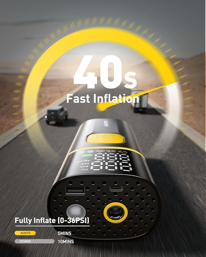 AUXITO A502 Tire Inflator Portable Air Compressor - 150PSI Dual Cylinder 7800 mAh & 12V DC, Bike Pump Air Pump for Car, Truck, Bike, Motorcycle with Digital Tire Pressure Gauge & LED Light